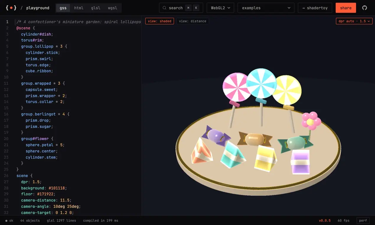 The GSS playground: a scene of lollipops and sweets written in CSS-like code, rendered in 3D beside it.