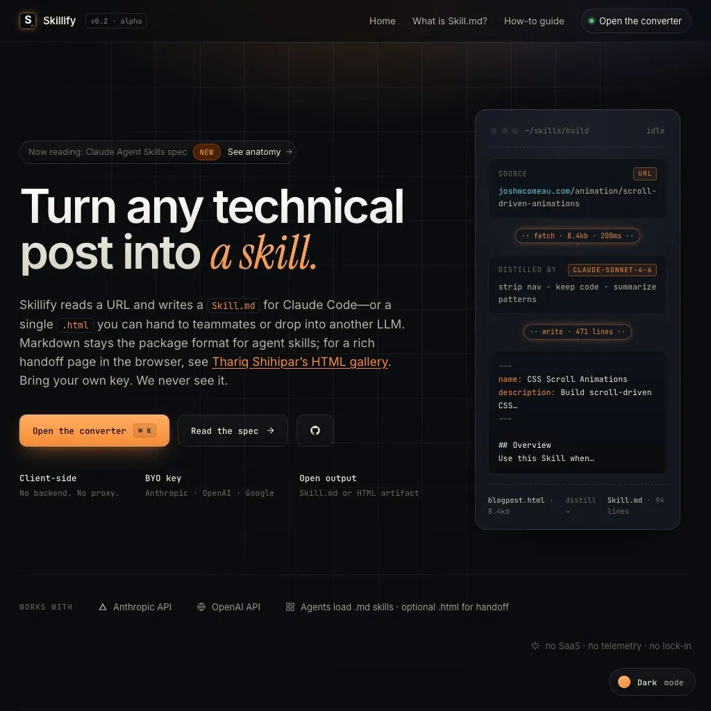 Skillify turning a technical URL into an agent skill.